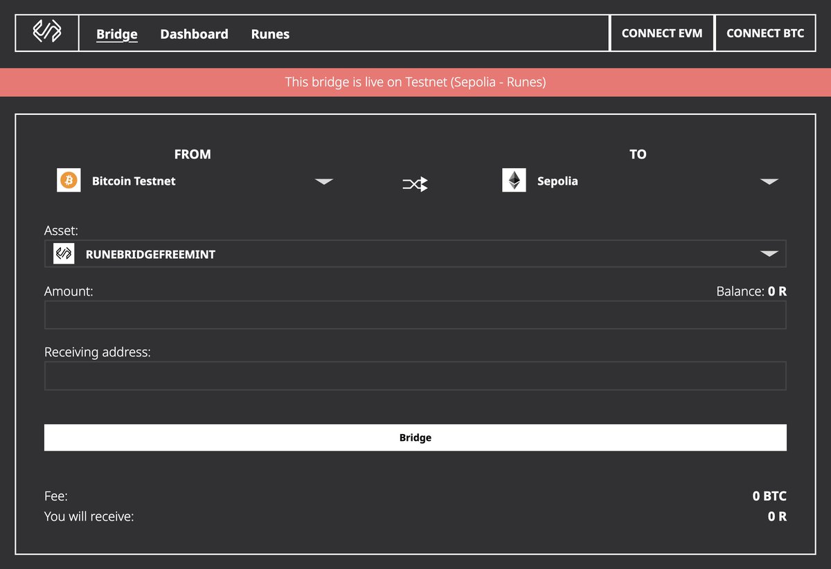 🔥RUNES BRIDGE IS LIVE ON TESTNET🔥 🌉Try now: https://t.co/GjvsVlbEHS The  Runes Bridge is currently available on the testnet, Sepolia Testnet and Bitcoin  Testnet. How to test? 1⃣You need an Ethereum and Bitcoin