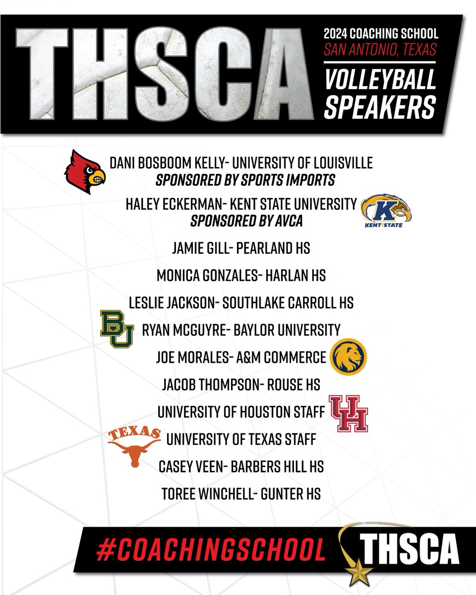 🏐 ⭐ Check out our growing 2024 #CoachingSchool Volleyball Speaker Line-Up! 🏐 ⭐ Cannot wait to hear from these awesome coaches in July! thsca.com/convention to register or book your hotel today!