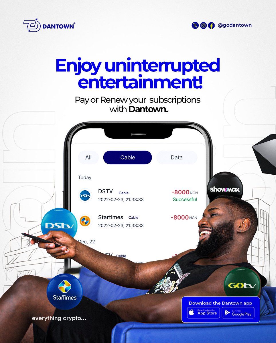 Enjoy uninterrupted entertainment!
Pay your cable TV subscription with ease through Dantown’s secure platform.

#CableTV #Subscription #Dantown