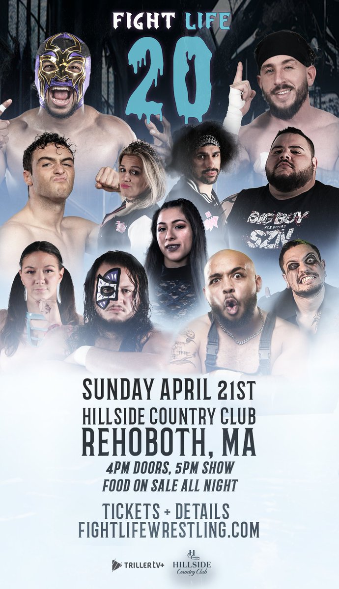 This Sunday April 21 Rehoboth, MA (just outside Providence, RI) Hillside Country Club Tickets + Details @ FightLifeWrestling.com 4pm doors, 5pm show all ages 21+ to drink w/ ID food on sale all night THIS EVENT WILL STREAM ON @FiteTV + ON TUESDAY APRIL 23RD @ 8PM ET