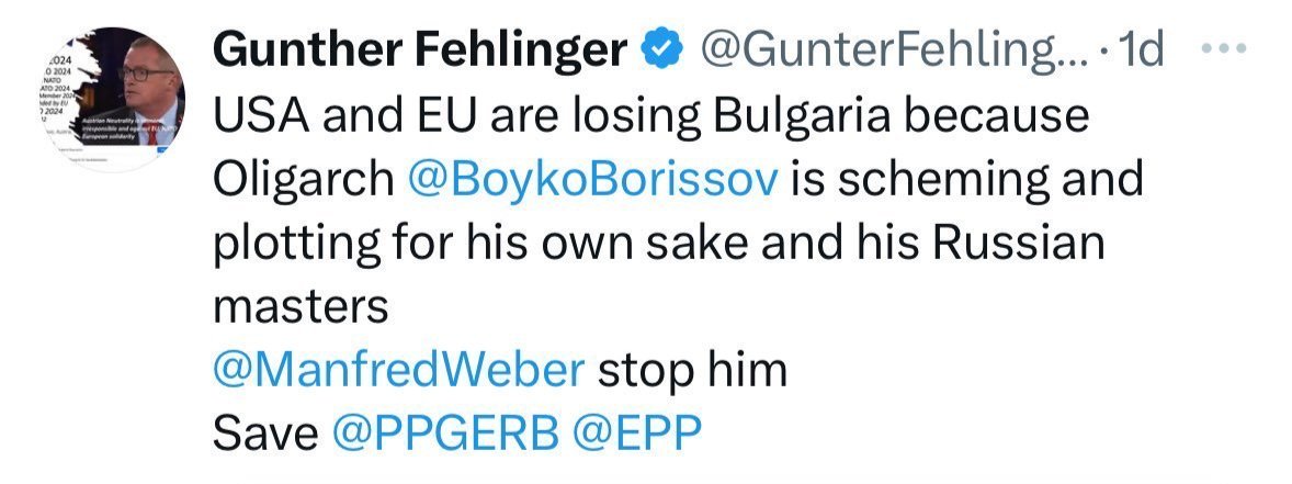 venko_sabrutev's tweet photo. Гюнтер Фелингер: "САЩ и ЕС губят България заради олигарха Бойко Борисов, който крои интриги около себе си и своите руски господари. Манфред Вебер, спри го."
❗️Европа се страхува за посоката на развитие на България от управление на Борисов/Пеевски. https://t.co/NyzCr2nCRN