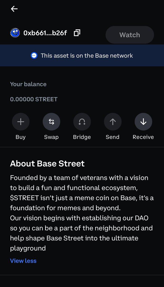 onBaseStreet's tweet photo. GM!

You can now buy Base Street as a verified token on Coinbase Wallet. Buy Base Ethereum with your debit card and swap for $STREET. Or swap ETH if you already have it on deck. 

#base #onbase #BaseChain #BuildWithBase https://t.co/FiIjvAy5GU