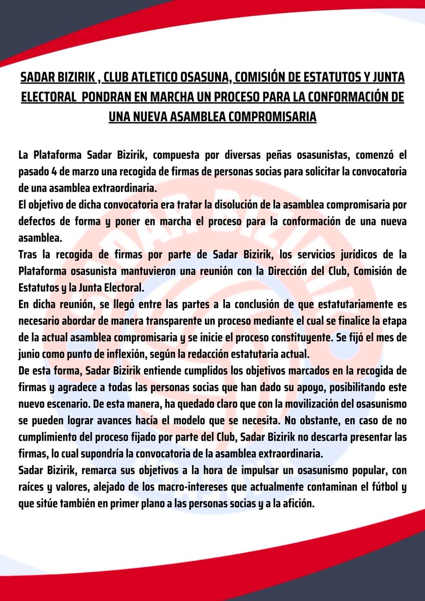 sadarbizirik's tweet photo. 👉Sadar Bizirik, Club Atlético Osasuna, Comisión de Estatutos y Junta Electoral pondrán en marcha un proceso para la conformación de una nueva Asamblea Compromisaria. https://t.co/I0CaJHvOfw