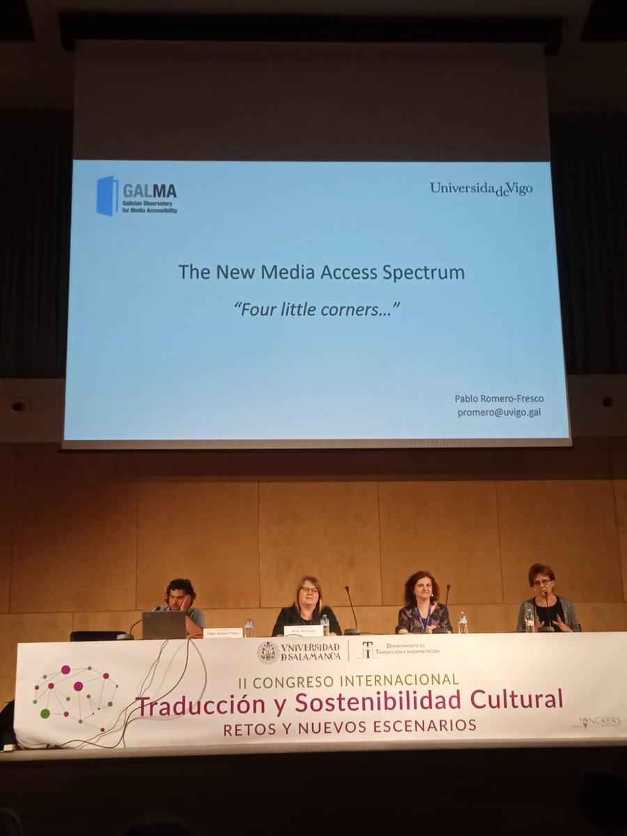 Day two at @congre_trad2024 was insightful! @CarmeMangiron and @anna_matamala from @TransmediaCat, alongside @romero_fresco, contributed to a dynamic roundtable discussion on accessibility and translation. #Translation #Accessibility