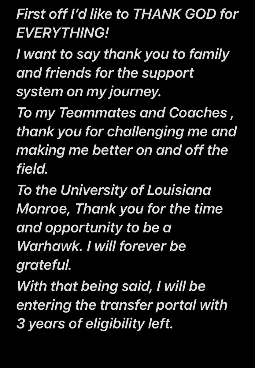 AzainBrown's tweet image. Thank you ULM for everything. I will be entering the transfer portal with 3 years of eligibility.

6’2 210 OLB

Played in 3 games before Red-shirt.