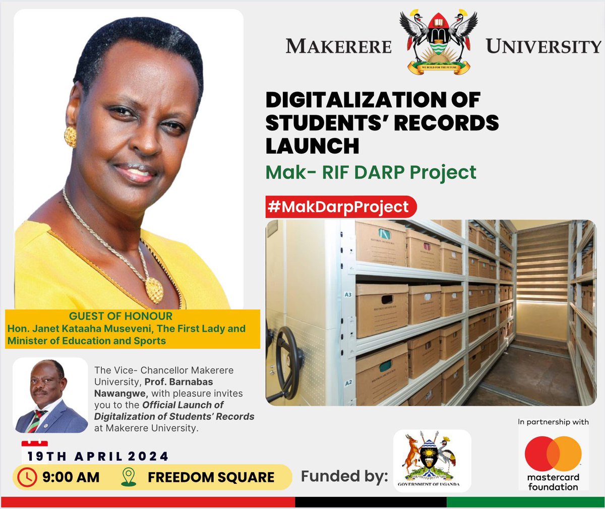 Tomorrow, @Makerere will officially transition from a paper filing system to a digitized system of storing students records. The minister of @Educ_SportsUg Hon. @JanetMuseveni will officially launch the project. Most welcome Mama🙏🏽 #MakDarpProject