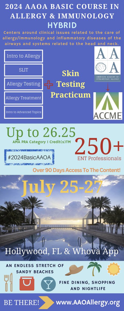 ENTAllergyDocs's tweet image. #2024BasicAAOA Dates/Links:
Register and agenda: aaoallergy.org/.../aaoa-basic…
Reserve Hotel by 6/14
Pre-Work Launch on 6/25
Discounted member rate - submit application by 6/25
Content access by 9/30
Contact AAOA: meetings@aaoallergy.org or 2029555010
#ENTallergy #hybridlearning