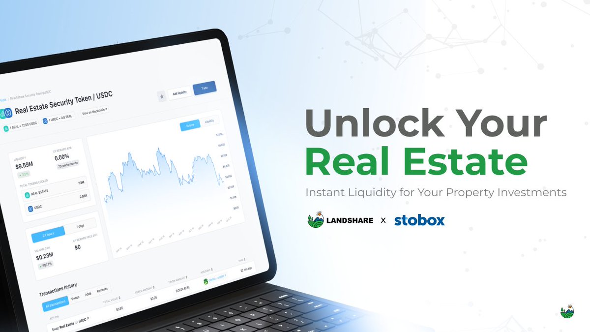 Landshareio's tweet photo. Tired of illiquid real estate investments? Secondary markets for tokenized assets are a game-changer!

#Landshare unlocks the true potential of #RWA with:

💸 Increased Liquidity: Buy, sell & trade your $LSRWA tokens anytime, anywhere.
🌐 Greater Accessibility: Open doors to a wider pool of investors.
🔀 Enhanced Flexibility: Manage your portfolio with ease.

This exciting new world arrives in just a few weeks with the integration of #DSSwap, a security token DEX from @StoboxCompany.

Plus,  we're planning co-marketing events with #Stobox where you can test your knowledge and win rewards in $LAND & $STBU tokens!

Don't miss out – stay tuned!