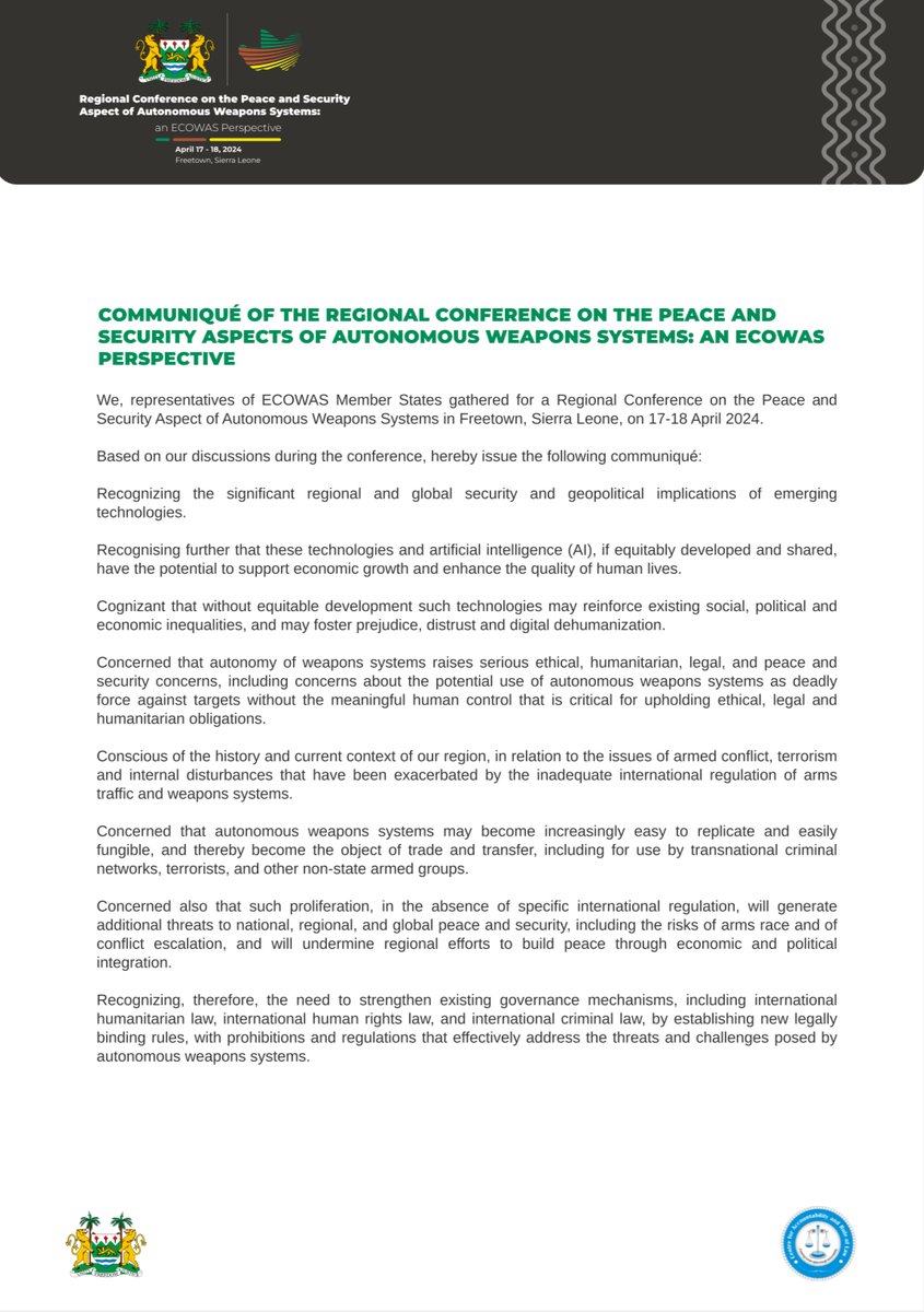 BanKillerRobots's tweet image. 📢#ECOWAS representatives have adopted the #Freetown Communiqué on #AutonomousWeapons 🇸🇱

This is a great result following the first-ever African conference on #AWS 👏

⬇️ Full text of the communiqué