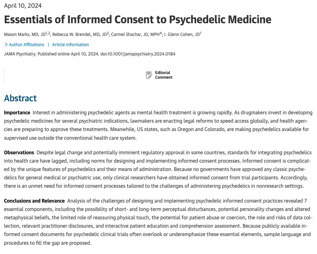 Our interest in psychedelics for the treatment of psychiatric illness is barreling ahead. But have we thought enough about informed consent? Commentary from @BeccaBrendel via @JAMANetworkOpen bityl.co/PIfk