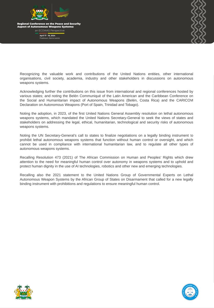 BanKillerRobots's tweet image. 📢#ECOWAS representatives have adopted the #Freetown Communiqué on #AutonomousWeapons 🇸🇱

This is a great result following the first-ever African conference on #AWS 👏

⬇️ Full text of the communiqué