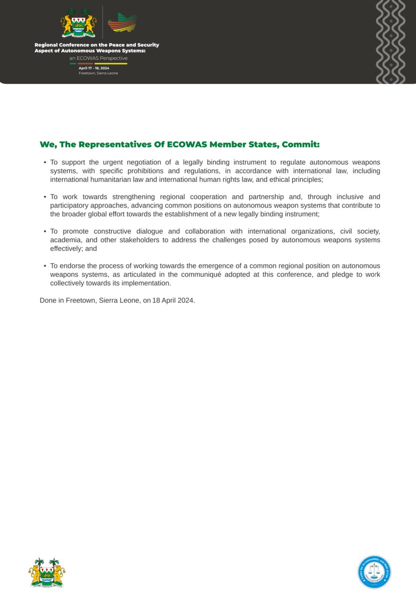 BanKillerRobots's tweet image. 📢#ECOWAS representatives have adopted the #Freetown Communiqué on #AutonomousWeapons 🇸🇱

This is a great result following the first-ever African conference on #AWS 👏

⬇️ Full text of the communiqué