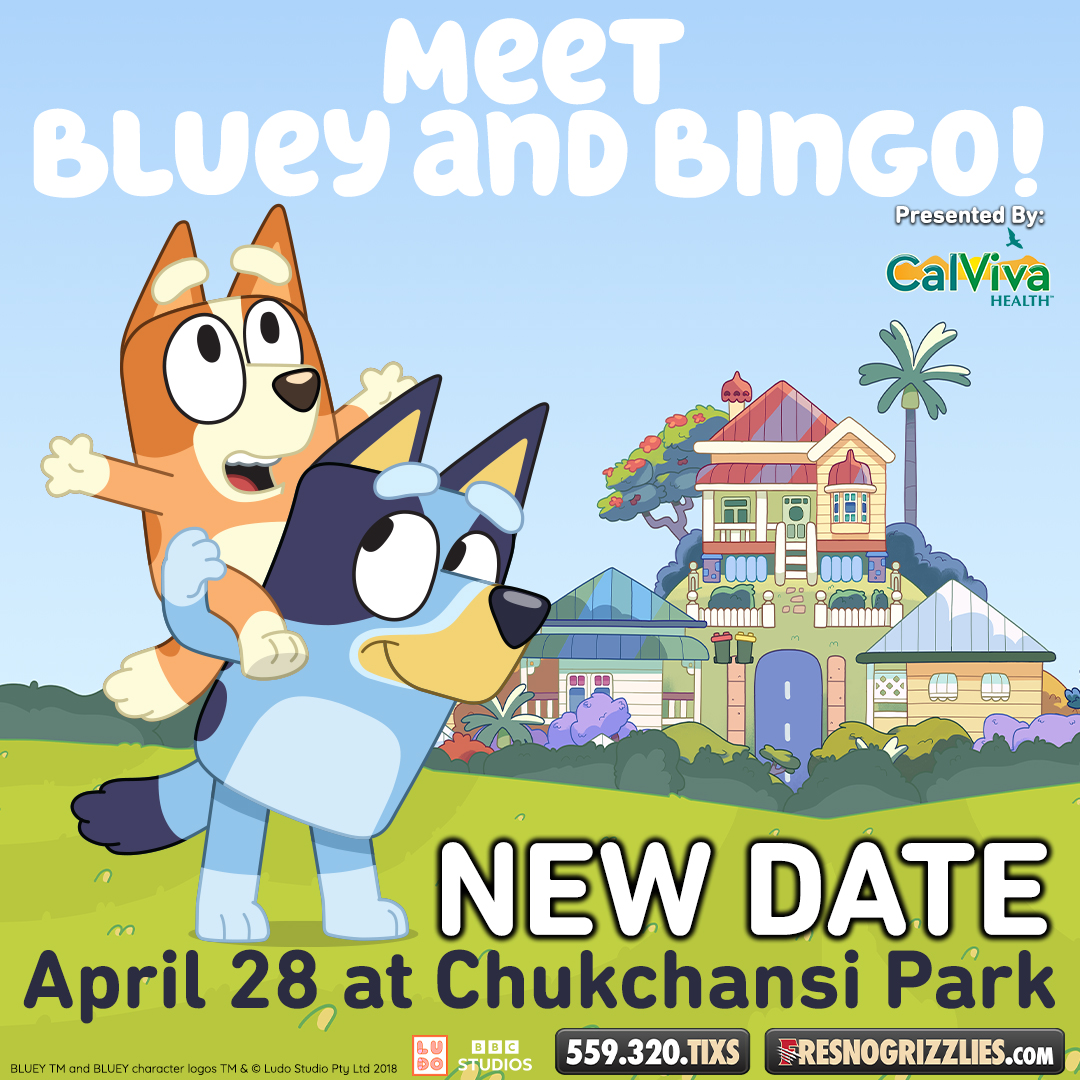 NEW DATE ANNOUNCED - Meet Bluey and Bingo Day, presented by CalViva Health, is now scheduled for Sunday, April 28 🎉 Grab your tickets at FresnoGrizzlies.com