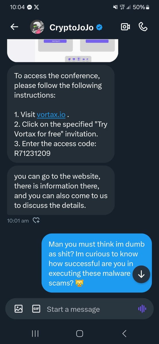 WARNING. From time to time, I get these DM's to cooperate, collaborate, etc. I can tell right away when something is a scam. But it may not be so obvious to some of you. If they tell you to go to vortax [.] io, DON'T. It's malware. It will take your seedphrase. Stay safe.