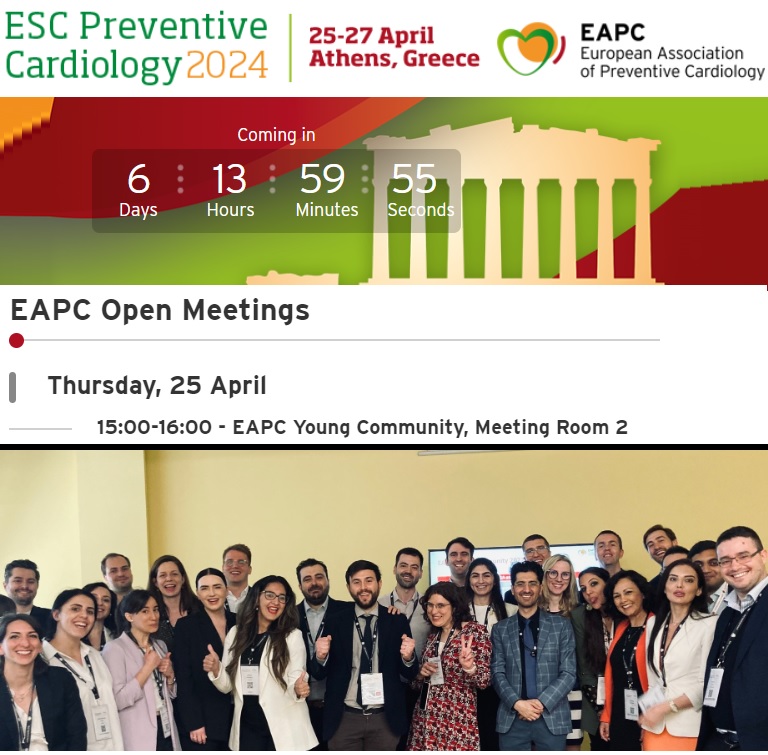 🚨 #ESCPrev2024 is coming in 6 days 🤩 Don't miss our our EAPC Young Community Open Meeting! When? ⏰Thursday, 25 April, 15:00-16:00 🏠 Meeting Room 2 Unique moment to network and learn new projects to be part of our community and with a special guest... Prof. @AboyansV 🥳