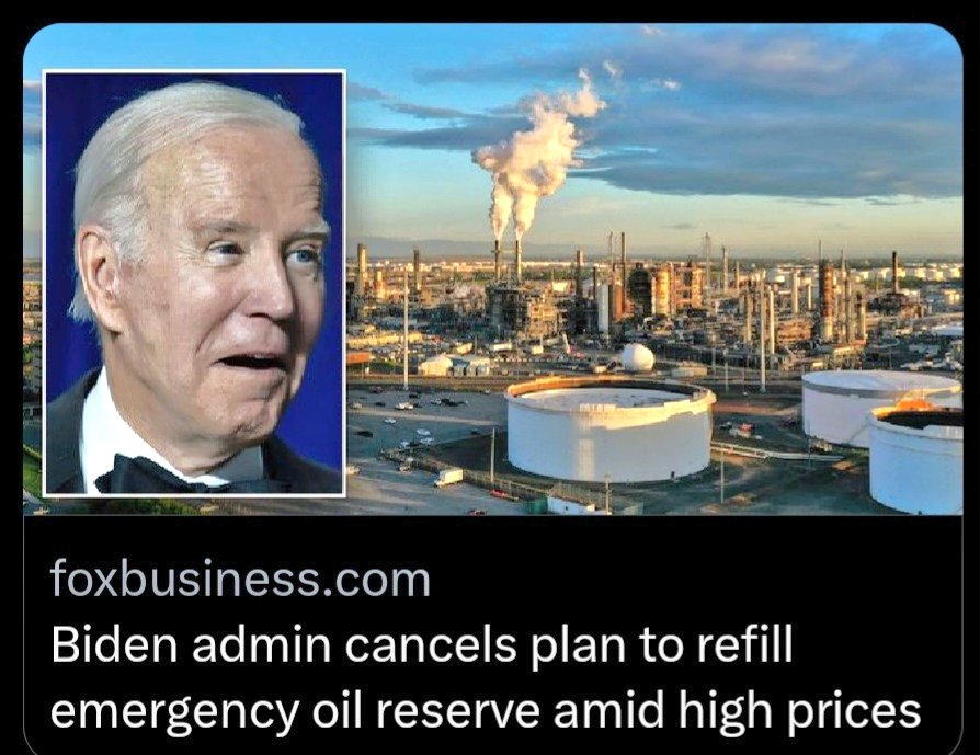 Biden declares war on the oil industry, depletes our oil reserves seceding the field to China (Russia and Iran), greenlights war around the world, sends our taxes to Ukraine and Israel, and gives Iran the green light to attack Israel... Now he decides NOT to refill our reserves!…