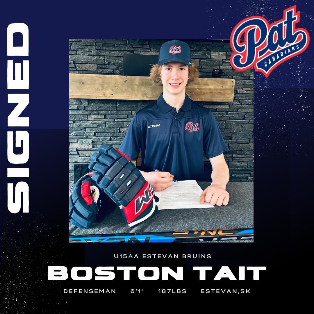 aaapatcanadians's tweet photo. The Pat Canadians are extremely excited to announce the signing of 2009 Defenseman Boston Tait. 

Boston played last season with the Estevan TS&amp;M Bruins, where he scored 30 goals and will be a highly sought after prospect in the upcoming WHL Prospect Draft.

Welcome to the Cs! https://t.co/8WLnWyJjX9