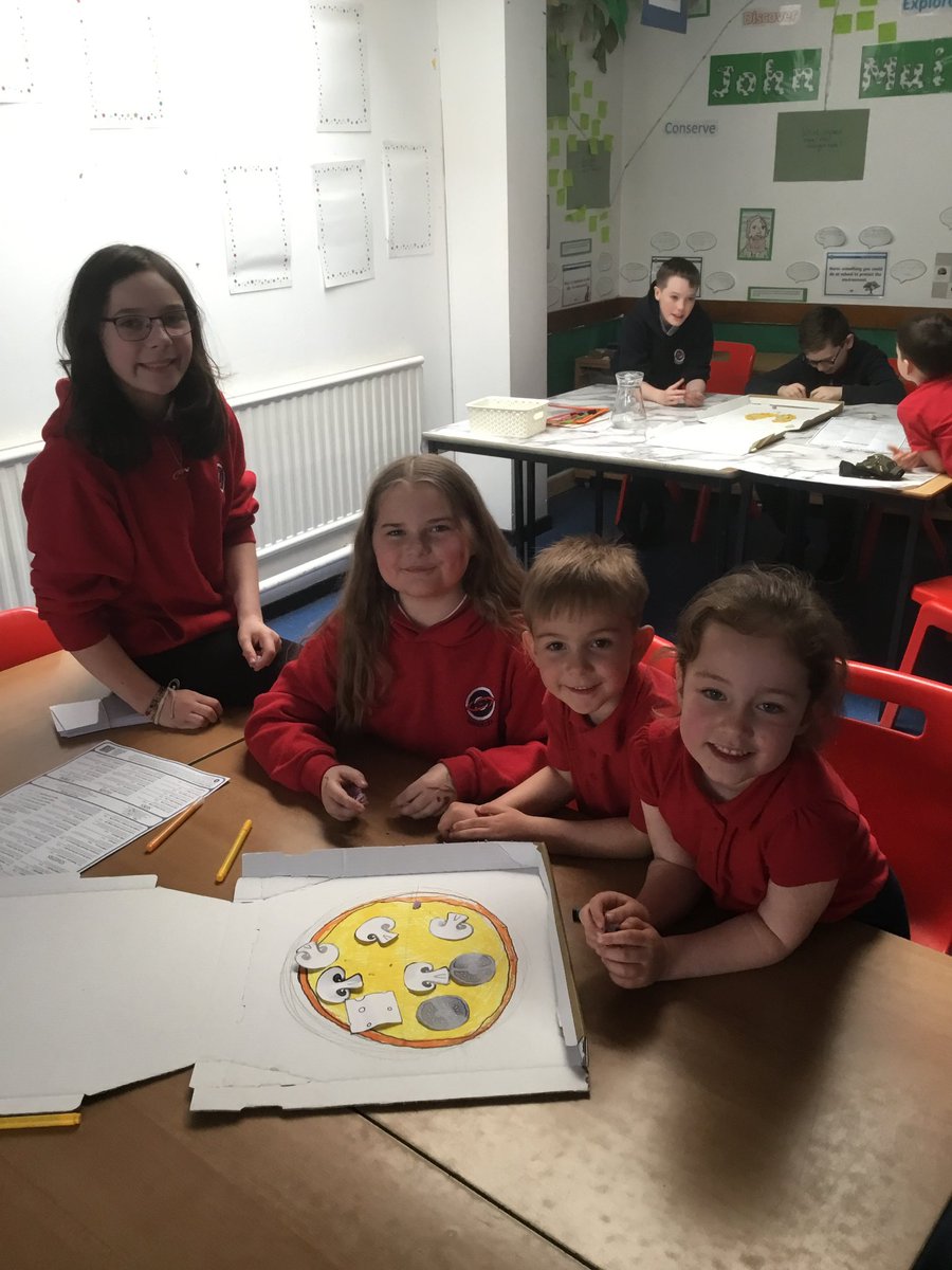 Rashielea_PS's tweet photo. P1 have been learning about fractions this week and shared their learning with P7 buddies. They then used menus to create their own pizzas, splitting them into halves or quarters, depending on how many people were in their group! 🍕 #buddies #mathsincontext #collaboration https://t.co/z36sGpHo1a