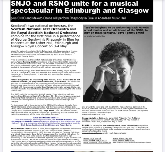 Thank you @MusicNewsScot for previewing the Scottish National Jazz Orchestra’s upcoming meeting with the RSNO and piano virtuoso Makoto Ozone.