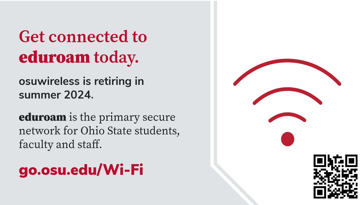 Don't lose your Wi-Fi connection! Ohio State is transitioning to eduroam as the primary secure network for Ohio State students, faculty and staff, with osuwireless retiring in summer 2024. bit.ly/43s9Qjo
