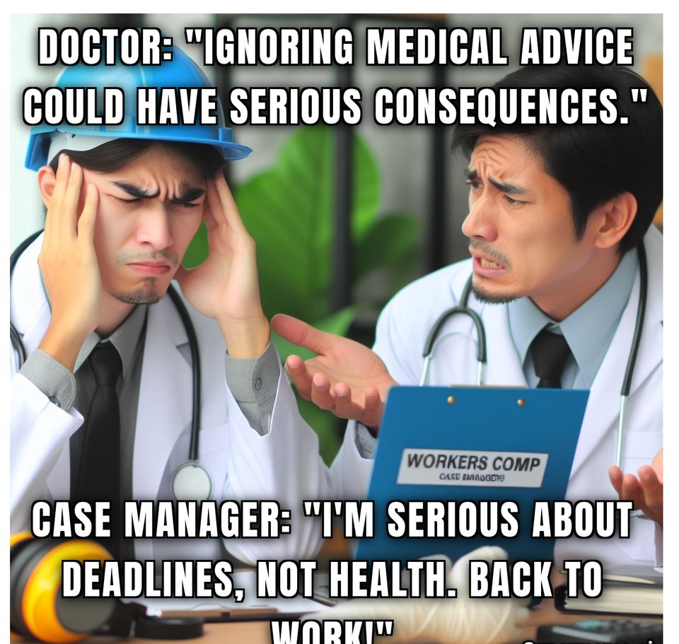 Doctor: Ignoring medical advice could have serious consequences. #WSIB #WCB case manager: I'm serious about deadlines! Back to work! Prioritizing deadlines over health is not acceptable. Injured workers deserve better. #HealthFirst #InjuredWorkers #pwd