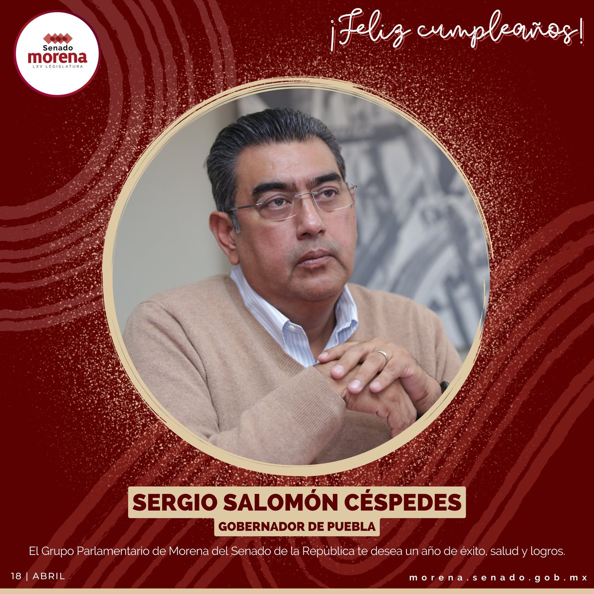 Felicitamos a Sergio Salomón Céspedes, gobernador de Puebla, le deseamos que tenga dicha siempre y disfrute este día al lado de su familia.