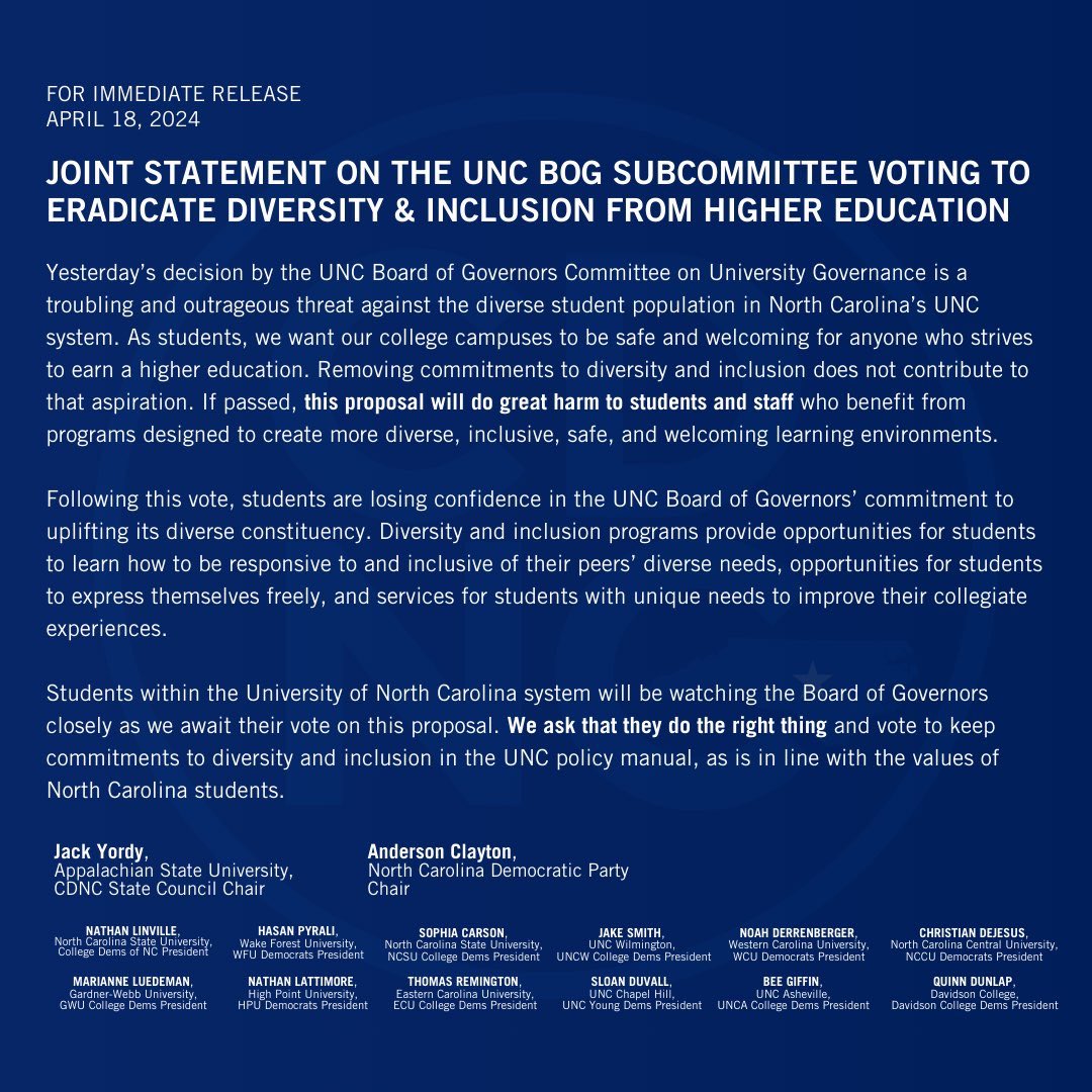 The UNC system is under attack by Republicans who want to strip our universities of their commitment to diversity and inclusion. Students across our state DESERVE better. They deserve institutions that listen to them, not silence them. We’ll see y’all in May. #ncpol