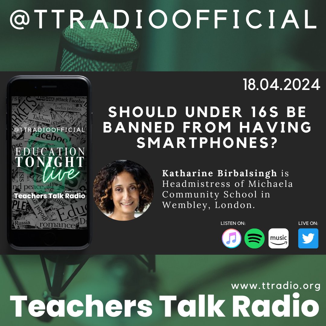 TONIGHT FROM 8PM. With me and @BrentPoland1. A special @TTRadioOfficial “Education Tonight” with @Miss_Snuffy who will be giving her opinion on the issue banning smart phones for under 16s. “Tune in and talk it out” #edutwitter #schools Link youtube.com/watch?v=iuCFB_…