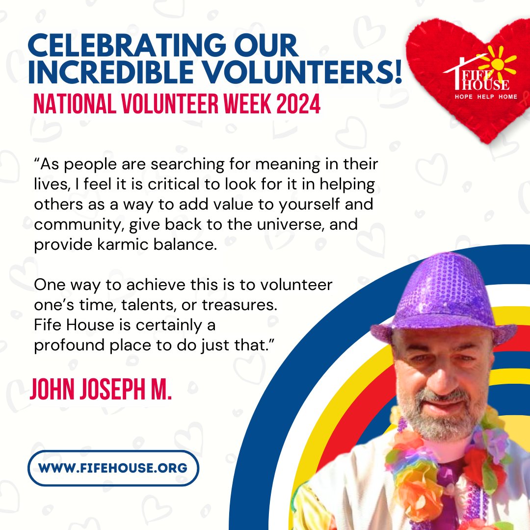 We continue our celebration of #NationalVolunteerWeek by featuring another long-standing volunteer: JJ is a former Board Member & continues to volunteer for our Devt Committee. Thank you JJ and all of our amazing volunteers, past & present. You help make Fife House possible ❤️👏