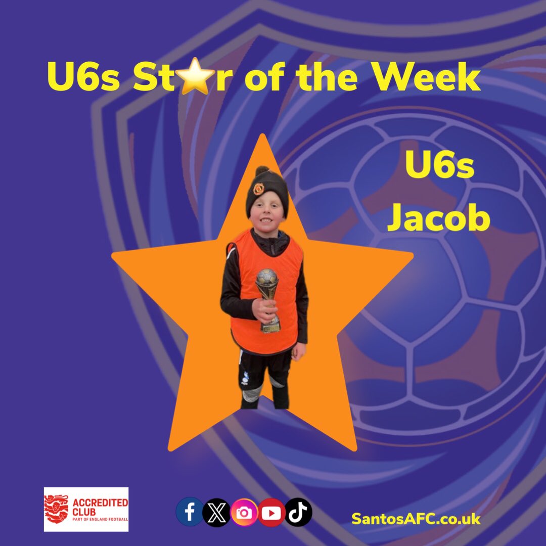 🏆 Star of the Week 🏆

#U6s - Jacob
 
Keep up the good work 🏆

⚽️👧⚽️👦⚽️⭐️⚽️👧⚽️👦⚽️⭐️⚽️

#SantosU6s #SantosYouth #SantosAFC #u6s #football #localfootball #grassrootsfootball  #teamwork #fun #unique #nuturing #inspiringtheplayersoftomorrow #oldham #GreaterManchester