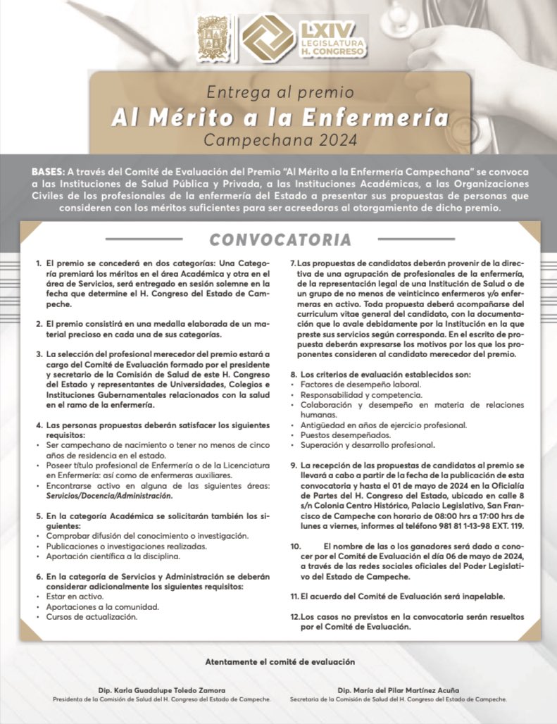 #64LegislaturaCam | Te compartimos la Convocatoria del Premio “Al Mérito a la Enfermería Campechana”, edición 2024. 

🌐 Link de la Convocatoria 👉🏻 n9.cl/tdik3d  

🏛 Legislatura de la #PerspectivaDeGénero 🙋🏻‍♀️🙋🏻‍♂️