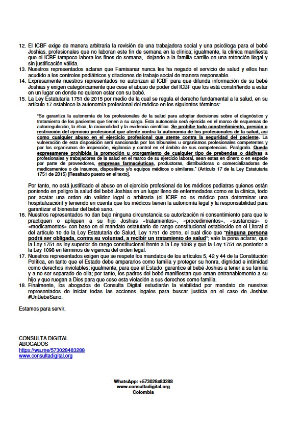 PreguntaDigital's tweet photo. @samuelg1982 El comunicado de prensa es claro, el bebé es un niño sano y no hay ningún motivo legal sino un capricho del ICBF que está violando los derechos de la familia y, en especial, los del bebé! https://t.co/X0JgGjMyN5