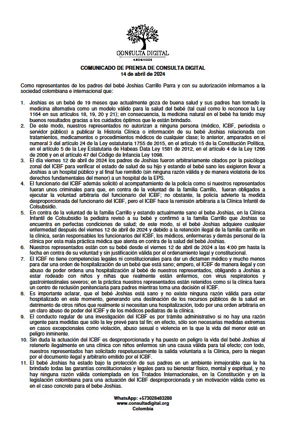 PreguntaDigital's tweet photo. @samuelg1982 El comunicado de prensa es claro, el bebé es un niño sano y no hay ningún motivo legal sino un capricho del ICBF que está violando los derechos de la familia y, en especial, los del bebé! https://t.co/X0JgGjMyN5