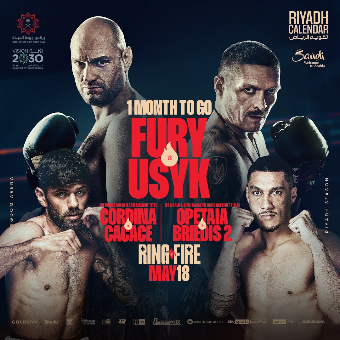 1 Month to go! @AntoC6 takes on Joe Cordina for the IBF World & IBO Super Featherweight titles on the HUGE ##FuryUsyk card in Riyadh Time to add another strap around the Apache's waist