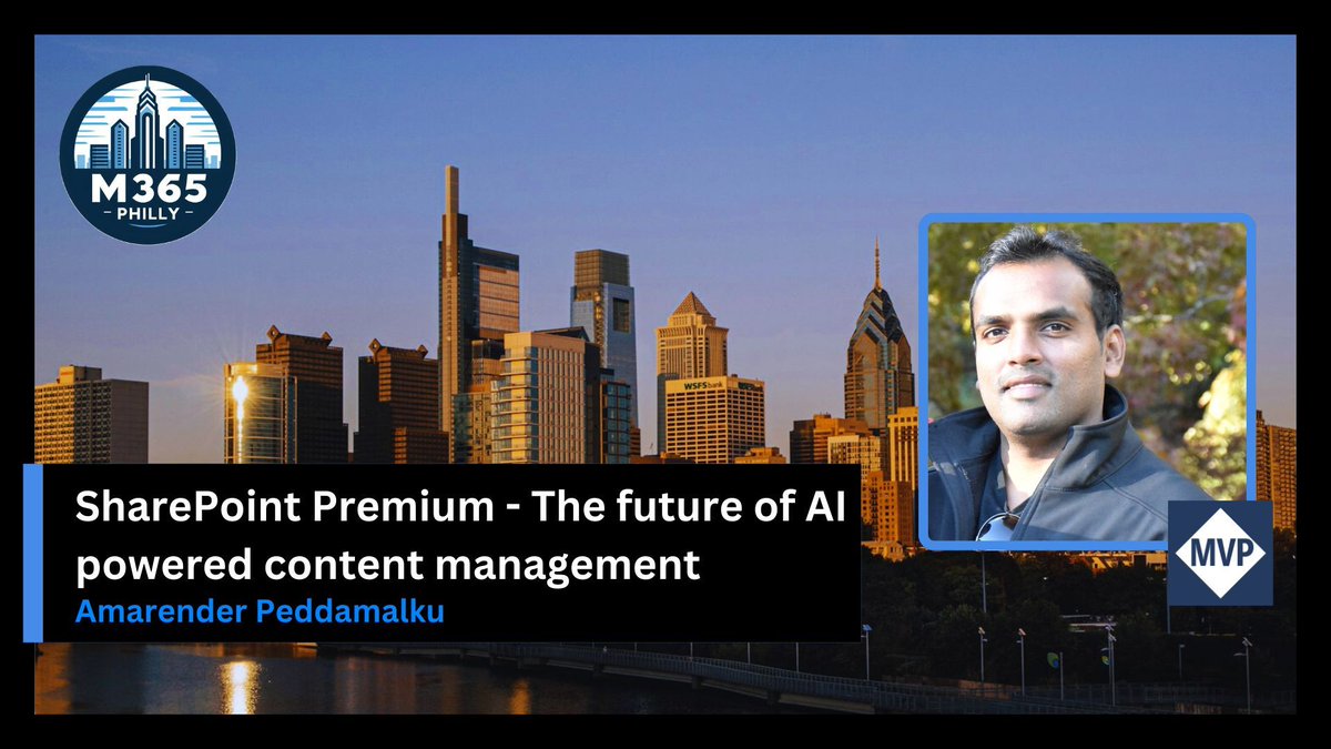 SPS_Philly's tweet image. We&apos;ve added a new speaker to the lineup!  Amarender Peddamalku will be joining us at #M365Philly with a session on &quot;SharePoint Premium - The future of AI Powered Content Management.&quot;  Don&apos;t miss out - register now! buff.ly/3U6VCjI 
 #SharePoint #SharePointPremium