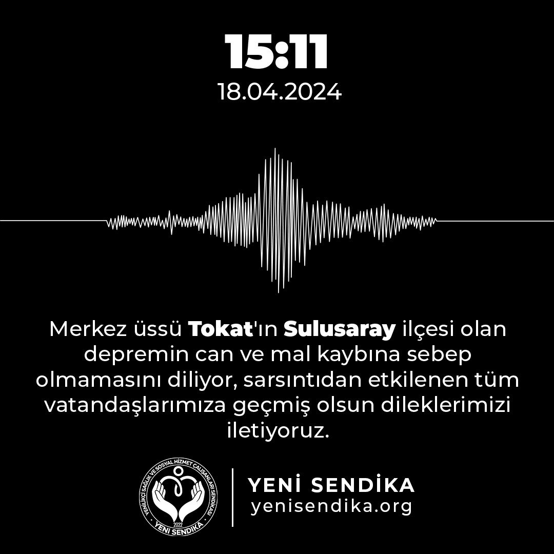 📌Merkez üssü Tokat'ın Sulusaray ilçesi olan depremin can ve mal kaybına sebep olmamasını diliyor, sarsıntıdan etkilenen tüm vatandaşlarımıza geçmiş olsun dileklerimizi iletiyoruz.

#GeçmişOlsun
#YENİSENDİKA

@yenisendikaorg