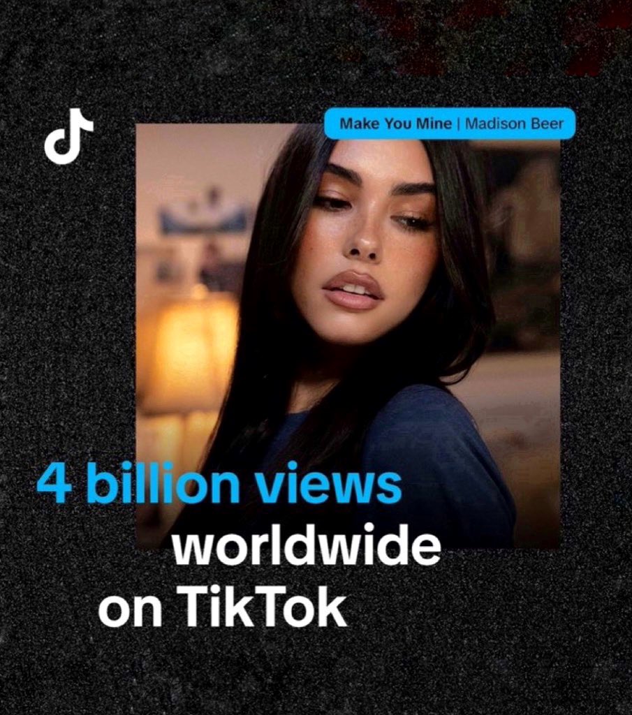 madisonchart's tweet photo. .@Madisonbeer’s “Make You Mine” has surpassed 4 billion views worldwide on TikTok. 

— Over 800,000 new videos were made using the song within the last 5 days. https://t.co/6eV9jK6p6n