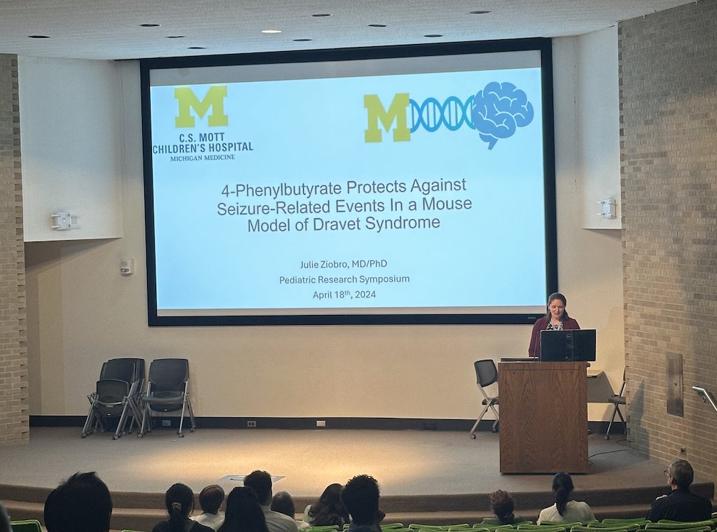 .@JulieZiobro presenting her important research on 4-phenylbutyrate on a mouse model of Dravet Syndrome at the @MottChildren Annual Pediatric Research Symposium