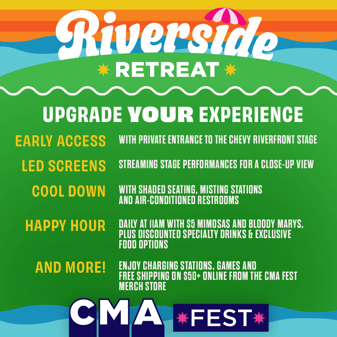 Take your #CMAfest experience to the next level by upgrading to the exclusive Riverside Retreat! 🏖️ Click here for more info! lnk.to/CMA_RiversideR…