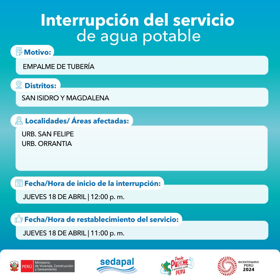 🚨 #LoÚltimo | ¡#SANISIDRO Y #MAGDALENA! #Sedapal tiene PROGRAMADO una interrupción del servicio de agua en tu distrito. Trabajamos para mejorar la calidad de vida de los ciudadanos de #Lima y #Callao.  #InterrupciónDelServicio #Ahora #Actualidad