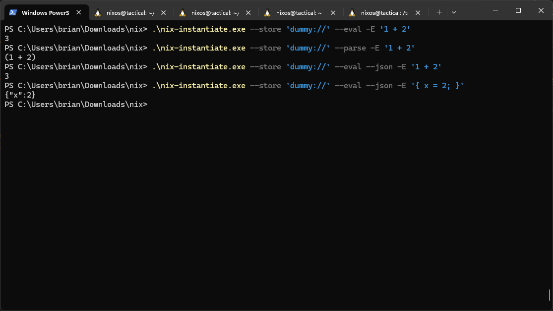 The first big PR for running Nix on Windows is now merged
github.com/NixOS/nix/pull…

(Screenshot credit <a href="/puffnfresh/">Brian McKenna</a>)