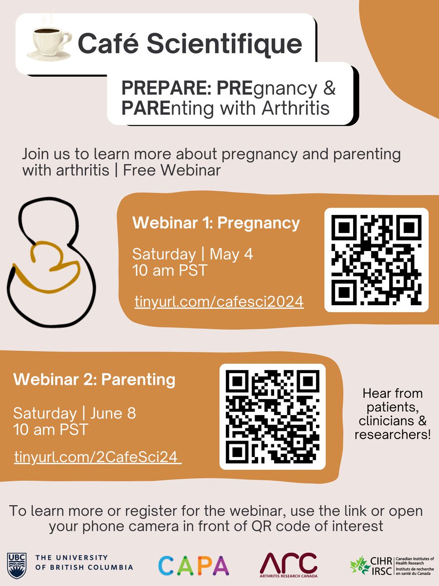Excited to partner with @ProulxLaurie to offer free webinar series on arthritis and pregnancy (May 4th) & parenting (June 8th) Hear from patients, clinicians, & researchers. To find out more or register for the 1st webinar tinyurl.com/arthritispregn… @CAPA_Arthritis @Arthritis_ARC