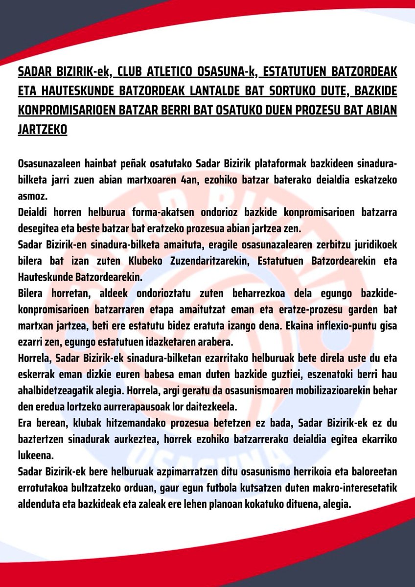 sadarbizirik's tweet photo. ���Sadar Bizirik-ek, Club Atletico Osasunak, Estatutuen Batzordeak eta Hauteskunde Batzordeak lantalde bat sortuko dute, bazkide konpromisarioen batzar berri bat osatuko duen prozesu bat abian jartzeko. https://t.co/jiiiuj5PKM