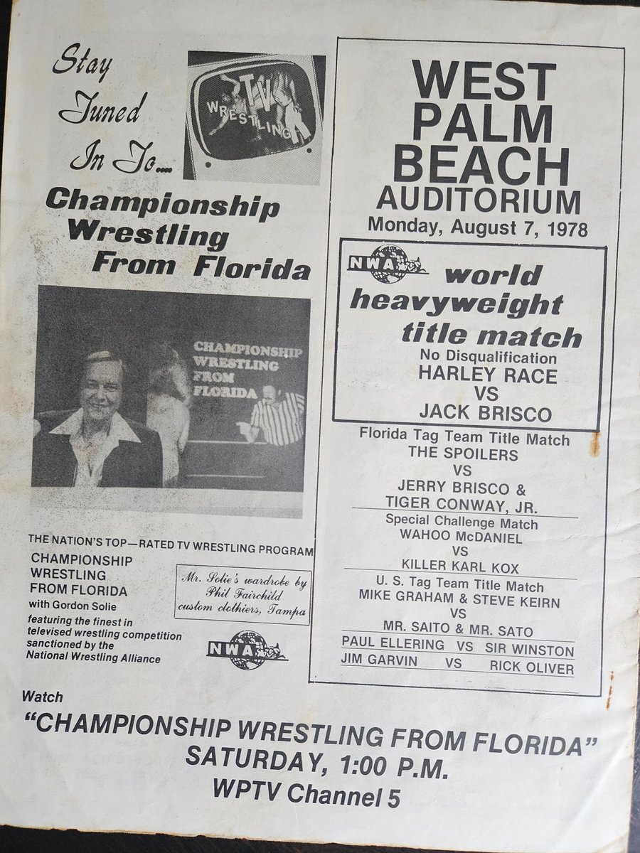 WEST PALM BEACH 8/7/78. NWA Champion Harley Race wrestled Jack Brisco to a 1 hour draw.