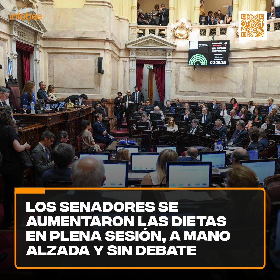 infobae's tweet image. Los senadores se aumentaron las dietas en plena sesión, a mano alzada y sin debate bit.ly/3vXCjkU