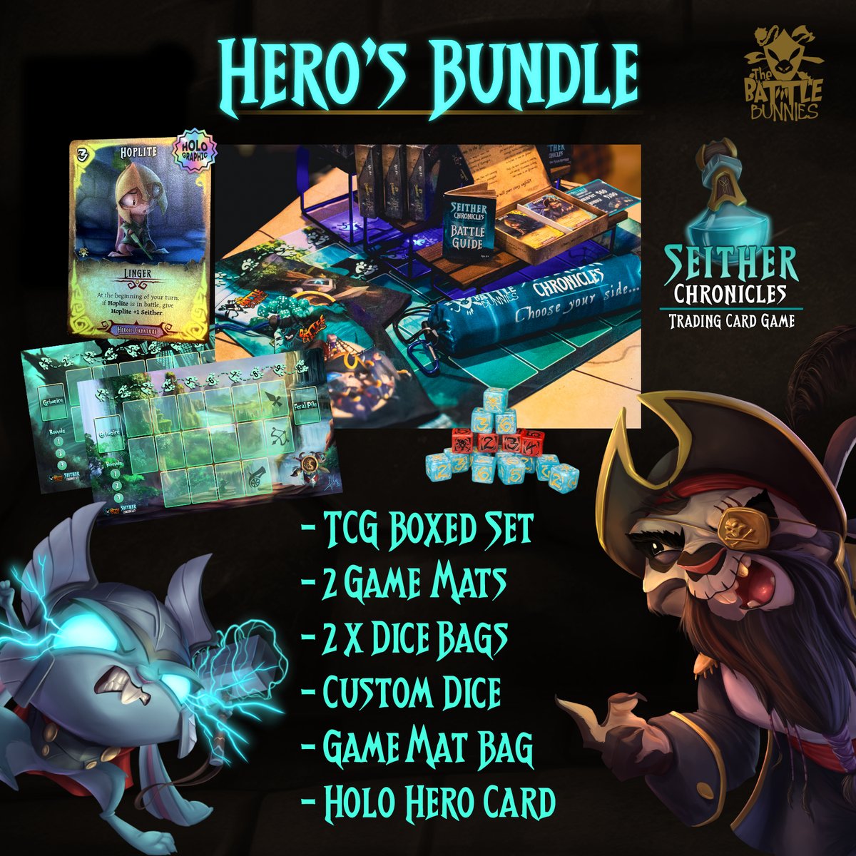 It's back! 🏆 The Hero's Bundle is Now Available; as well as Dice, Mats & Dice Bags a la carte 🎲 Join us in Discord Tonight for #Live TCG Play @ 8p ET 🥳 🐰Shop link: thebattlebunnies.io/shop #BattleBunnies #TCG #FluffleFam #GamingNews