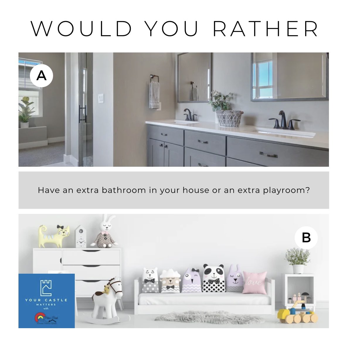 Would you rather have an extra bathroom or a playroom in your house? Both options can add value to your home, but I want to know which one you would prefer. Leave a comment below. #yourcastlematters #providing4providers #coloradoliving #investinyou #homesweethome #Godisgood