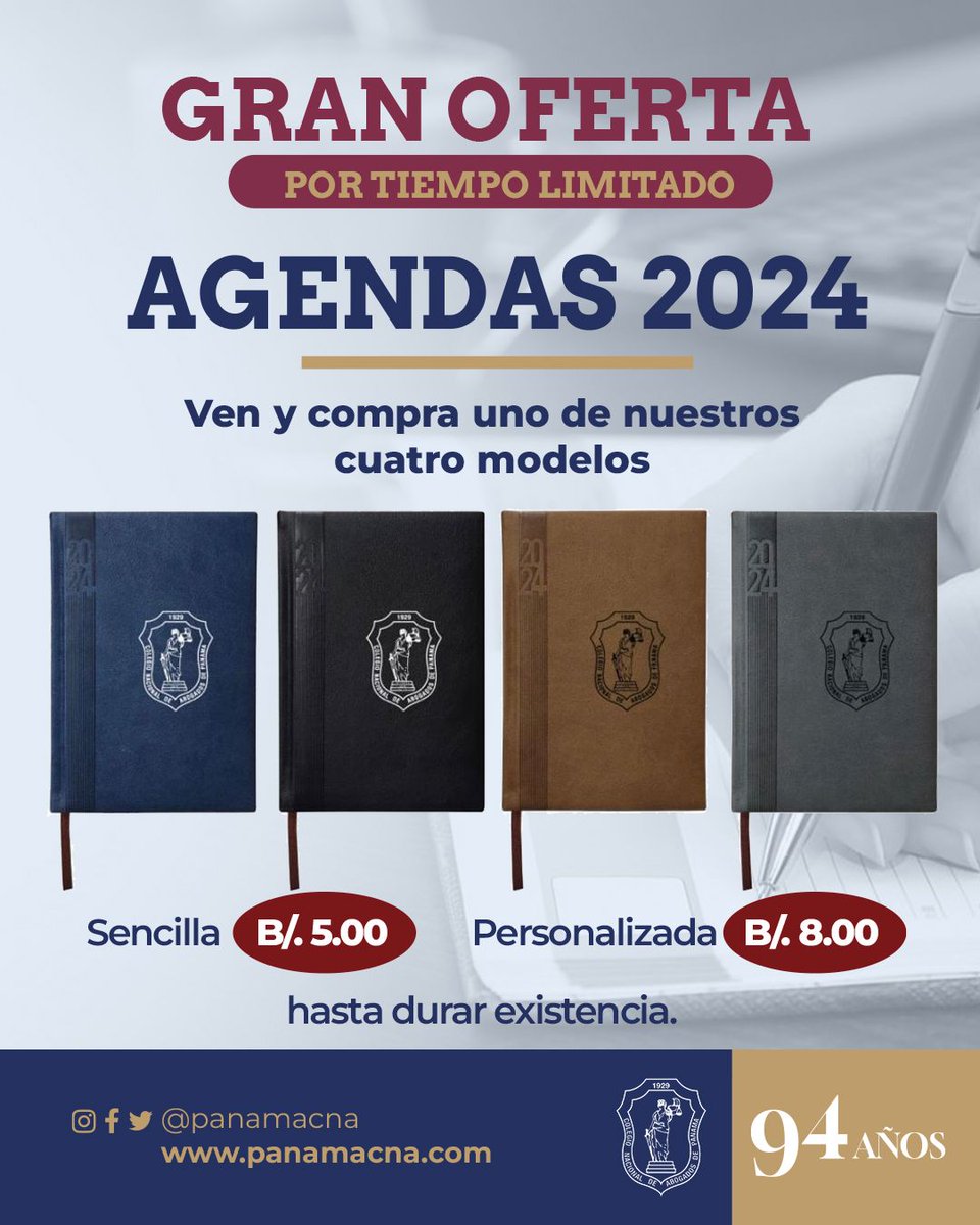 📢 Aproveche por tiempo limitado y obtenga su agenda 2024. Con su diseño sofisticado y funcionalidad excepcional, esta agenda te permite planificar tus días con facilidad. 4 opciones para su gusto. Sencilla B/.5.00 Personalizada B/.8.00 Hasta agotar existencia