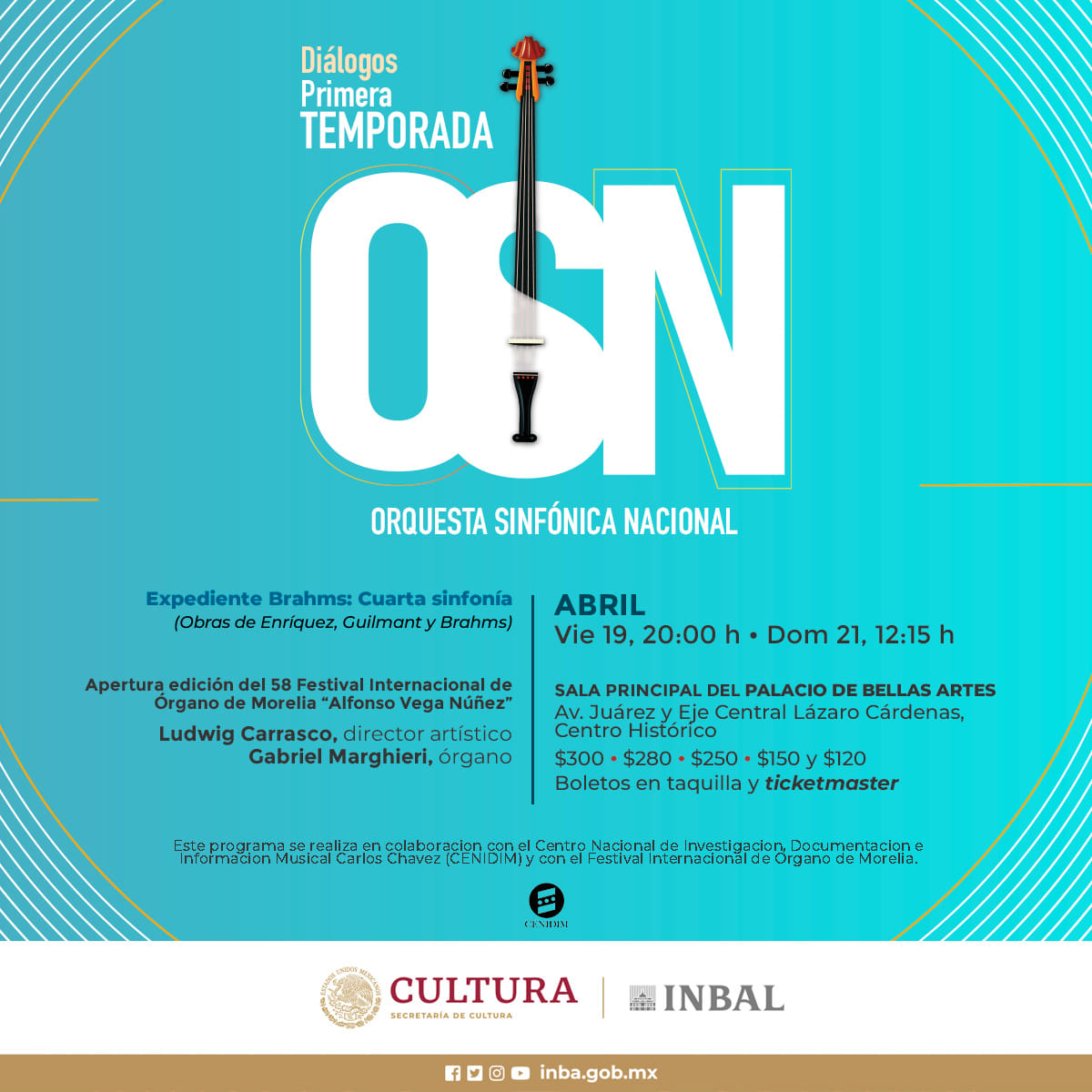 #90AniversarioPBA
'Expediente Brahms: Cuarta Sinfonía' es el siguiente programa de la @OSN_MX , con piezas de Enríquez, Guilmant y Brahms, en la Sala del Palacio de Bellas Artes. ¡Te esperamos! 🎶

🗓Viernes 19, 20:00 h l Domingo 21, 12:15 h
🎟 Taquilla y lc.cx/BDCvAn