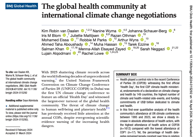 ✨In our new @GlobalHealthBMJ📰we present the first quantitative analysis of health community attendance at UN COPs 1995-2023👀 📈Most health actors at COP28 (1612), least COP1 (17) 📊Over time absolute # increased, but % of total pax constant More👇 gh.bmj.com/content/9/4/e0…